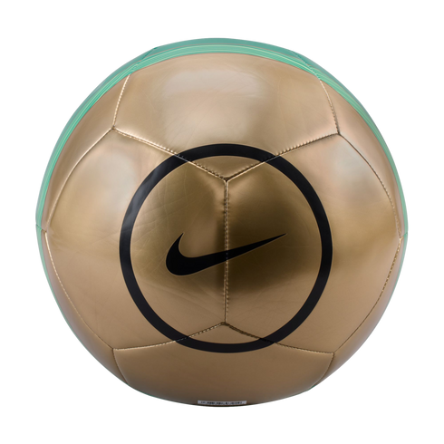 A gold metallic Nike soccer ball with a black swoosh logo inside a black circle, centered against a solid black background.