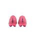 Rear view of pink Nike soccer cleats with blue vertical text "VINI VOA" and "VINI FLY" on the heels, against a black background.