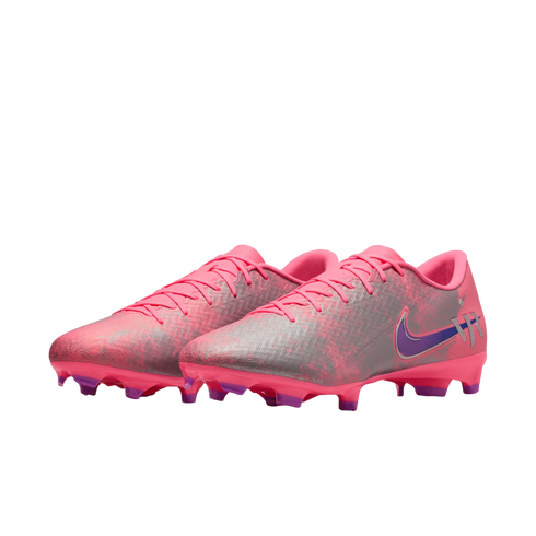 Pink and silver Nike soccer cleats with purple accents and NJR branding on a black background.