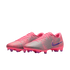 Pink and silver Nike soccer cleats with purple accents and NJR branding on a black background.
