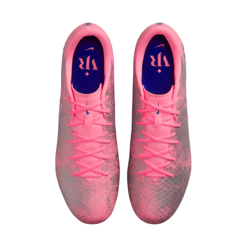 Top-down view of pink and grey patterned Nike soccer cleats with pink laces and blue insoles featuring the VJR logo, set against a black background.