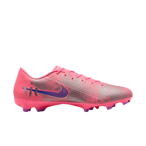 A pink and silver Nike soccer cleat with a purple swoosh and VJR branding, isolated on a solid black background.