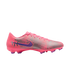 A pink and silver Nike soccer cleat with a purple swoosh and VJR branding, isolated on a solid black background.