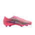 Side view of a bright pink Nike soccer cleat with metallic silver textures and a purple swoosh, set against a black background.