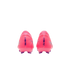 Heel view of two neon pink Nike soccer cleats. The left heel reads "VINI VOA" and the right "VINI FLY" in purple. Features translucent purple studs on a black background.