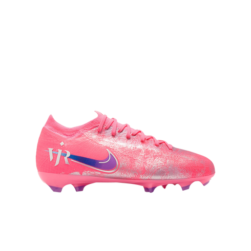 A bright pink shimmering Nike soccer cleat with a purple swoosh and "VJR" branding on the heel, shown from the side against a black background.