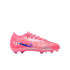A bright pink shimmering Nike soccer cleat with a purple swoosh and "VJR" branding on the heel, shown from the side against a black background.