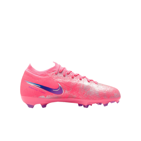 Side view of a vibrant pink Nike Mercurial soccer cleat with a metallic texture and a purple gradient swoosh, displayed against a solid black background.