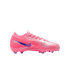 Side view of a vibrant pink Nike Mercurial soccer cleat with a metallic texture and a purple gradient swoosh, displayed against a solid black background.