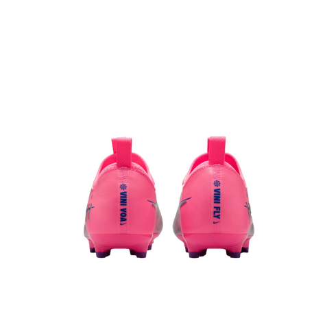 Rear view of bright pink Nike football cleats on a black background. Blue text on the heels reads "VINI VOA" and "VINI FLY".