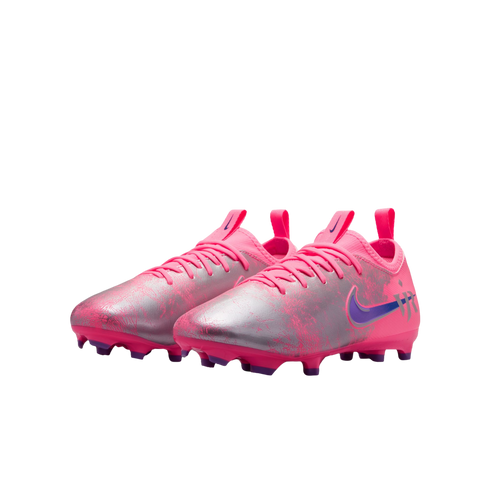 Pair of pink and metallic silver Nike soccer cleats with purple accents and Neymar Jr logo on a black background.