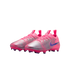 Pair of pink and metallic silver Nike soccer cleats with purple accents and Neymar Jr logo on a black background.