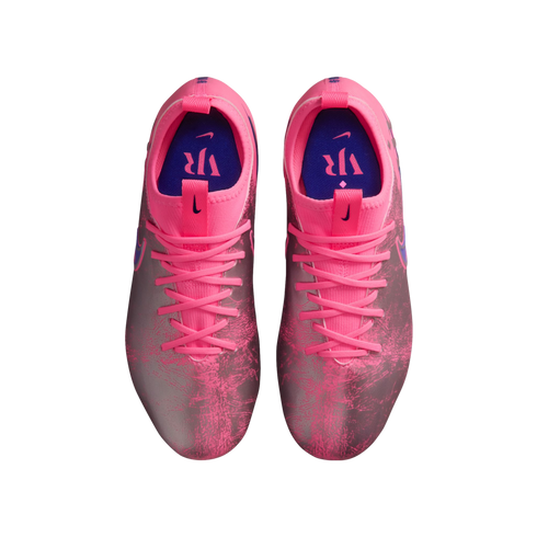 Top-down view of pink and metallic grey textured Nike football boots on a black background.