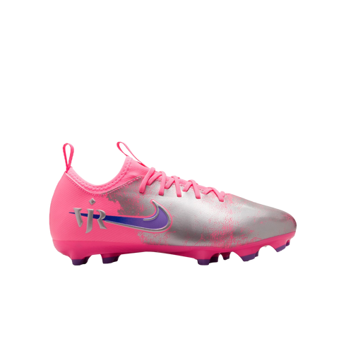 Pink and silver Nike soccer cleat with a purple swoosh, "VJR" logo, and a distressed metallic finish.