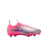 Pink and silver Nike soccer cleat with a purple swoosh, "VJR" logo, and a distressed metallic finish.