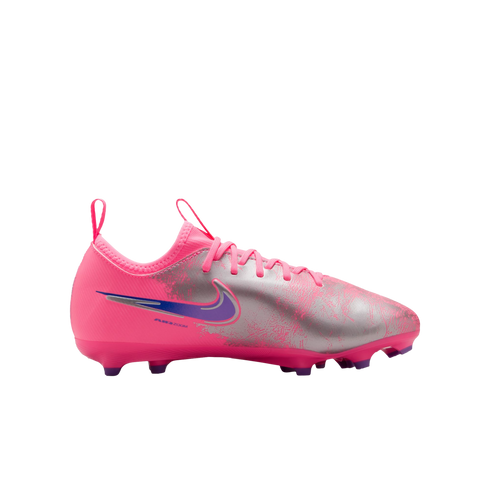 A side view of a pink and metallic silver Nike Air Zoom soccer cleat with a purple swoosh logo, displayed against a solid black background.