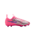 A side view of a pink and metallic silver Nike Air Zoom soccer cleat with a purple swoosh logo, displayed against a solid black background.