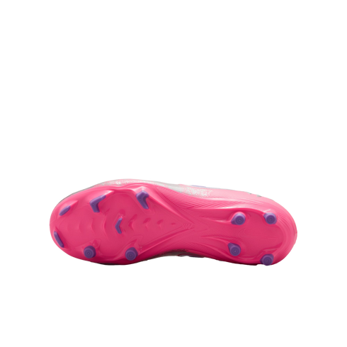 Bottom view of a pink soccer cleat showing its soleplate and purple studs against a black background.