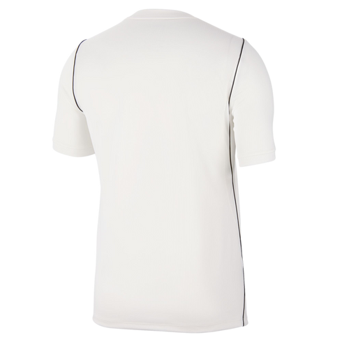 Back view of a white short-sleeve athletic shirt with thin dark lines along the side seams, displayed on a black background.