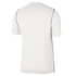 Back view of a white short-sleeve athletic shirt with thin dark lines along the side seams, displayed on a black background.