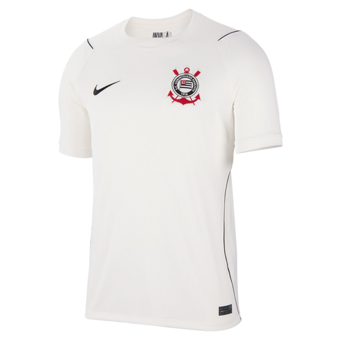 White Nike Corinthians soccer jersey featuring the club's crest on the chest, a black Nike swoosh, and thin black piping on the sides and shoulders.