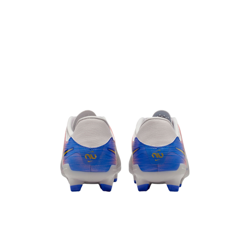Rear view of white soccer cleats with blue and orange graphics on the heels and gold logos, shown against a black background.