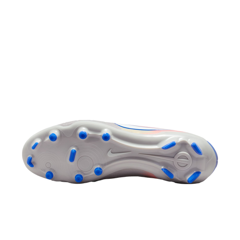 Sole of a white Nike soccer shoe with bright blue studs, set against a black background.
