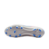 Sole of a white Nike soccer shoe with bright blue studs, set against a black background.