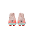 Rear view of two pink Nike soccer cleats with orange and black accents, featuring high-top ankle collars and bright orange studs.