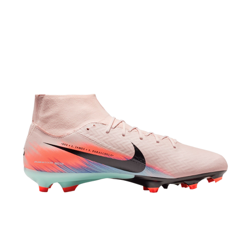 Side profile of a light pink Nike high-top soccer cleat featuring a black swoosh and vibrant orange and blue heel graphics, set against a black background.