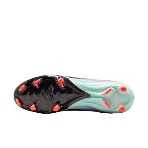 The sole of a Nike soccer cleat with a black forefoot, light teal heel, and bright orange studs.