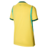 Back view of a yellow short-sleeved sports jersey with teal side panels and green and teal striped trim on the collar and cuffs.