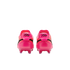 Back view of two bright pink Nike soccer cleats against a white background. Each heel features a cursive Nike logo in black above pink studs on the sole.