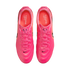 Top-down view of a pair of vibrant pink Nike Tiempo Ligera soccer shoes with pink laces and black Nike swoosh logos on a white background.