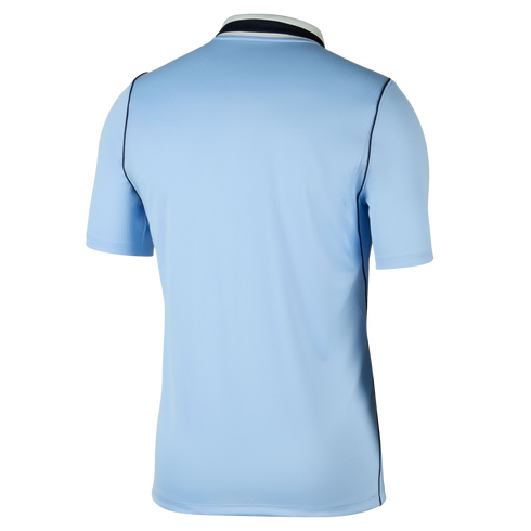 Rear view of a light blue short-sleeved sports jersey with dark trim at the collar and sides, displayed against a plain black background.