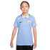 A young girl wears a light blue Nike Uruguay soccer jersey with a white collar and black shorts against a solid black background.