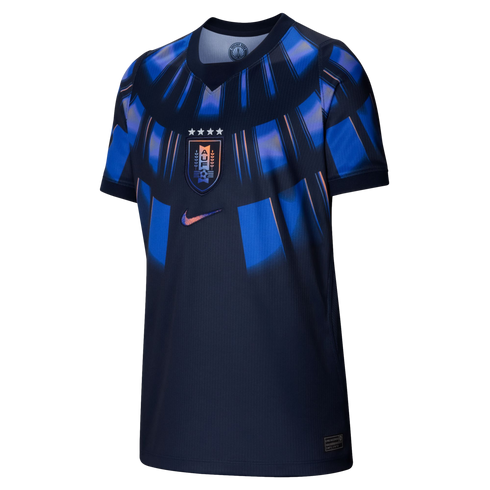 A dark navy Nike Uruguay national team soccer jersey featuring a vibrant blue and purple radiating graphic design on the chest and a centrally placed AUF crest with four stars.