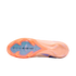 Bottom view of a peach and purple Nike soccer cleat featuring an iridescent blue "AIR ZOOM" forefoot plate and traction studs against a black background.