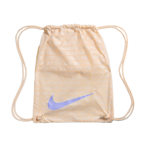 Peach-colored Nike drawstring bag featuring a light purple swoosh and a repeating white text pattern in various languages.