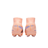 Rear view of peach Nike Mercurial soccer cleats with high-top collars and blue accents, set against a black background.