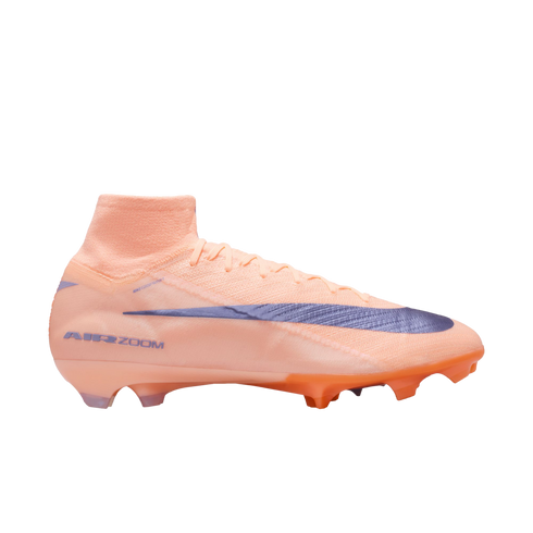 Peach Nike soccer cleat with a purple swoosh, high-top ankle collar, and "AIR ZOOM" branding on the heel, shown in profile against a black background.