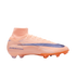 Peach Nike soccer cleat with a purple swoosh, high-top ankle collar, and "AIR ZOOM" branding on the heel, shown in profile against a black background.