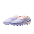 A pair of Nike soccer cleats in a pale pink and lavender gradient with blue accents on a black background.