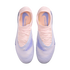 Top-down view of a pair of Nike Phantom soccer boots in pale pink and lavender against a black background.