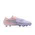 Side profile of a Nike Phantom soccer cleat with a pink and lavender colorway, featuring clear studs against a black background.