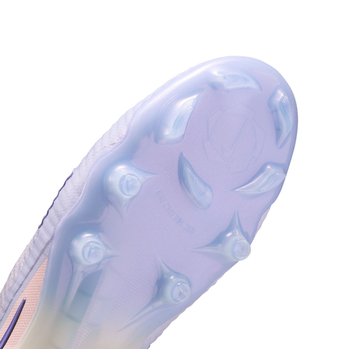 Close-up view of a translucent light purple Nike soccer cleat soleplate with clear studs, featuring "NIKE CYCLONE 360" embossed text.
