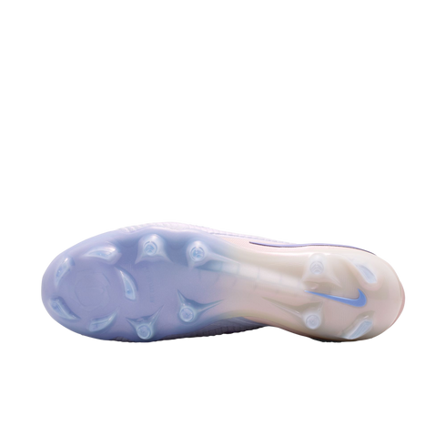 Sole of a light purple and white Nike soccer cleat, featuring various traction studs and a blue swoosh on the heel, set against a plain black background.