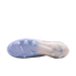 Sole of a light purple and white Nike soccer cleat, featuring various traction studs and a blue swoosh on the heel, set against a plain black background.