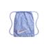 Light purple Nike drawstring bag with a large pink swoosh over a pattern of 'NIKE' and 'soccer' in multiple languages. Set against a black background.