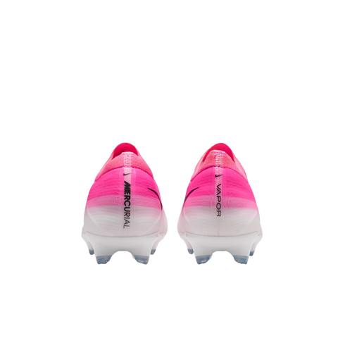 Rear view of pink and white gradient Nike Mercurial Vapor soccer cleats with "MERCURIAL" and "VAPOR" branding on the heels.